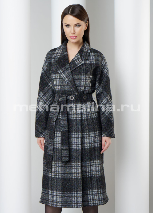 Пальто в клетку  модель № BP-146 меха малина