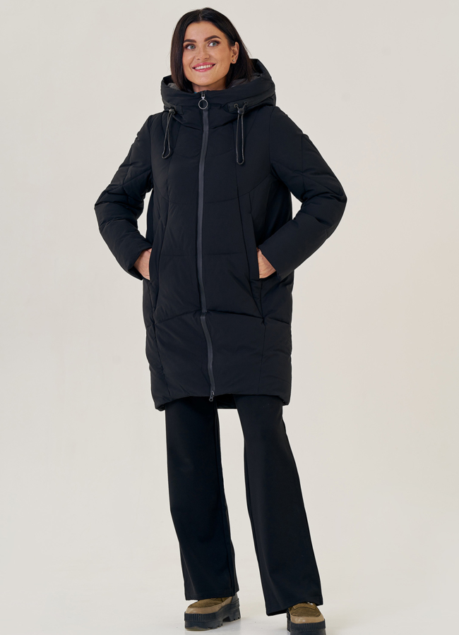 фото Пуховик женский черного цвета с капюшоном модель № 79145