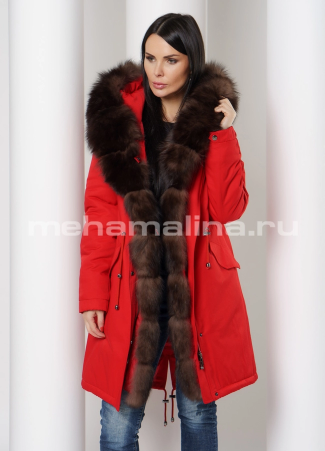 Парка красного цвета с меховой отделкой из песца модель № 75756 универмаг малина