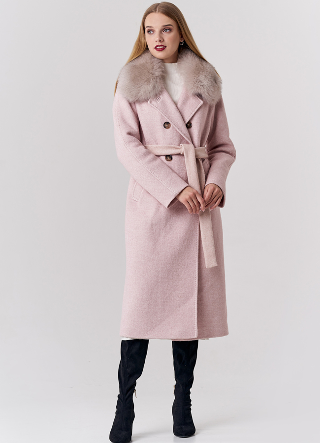 Зимнее пальто оверсайз бежевого цвета с отделкой из песца модель № 21834 универмаг малина