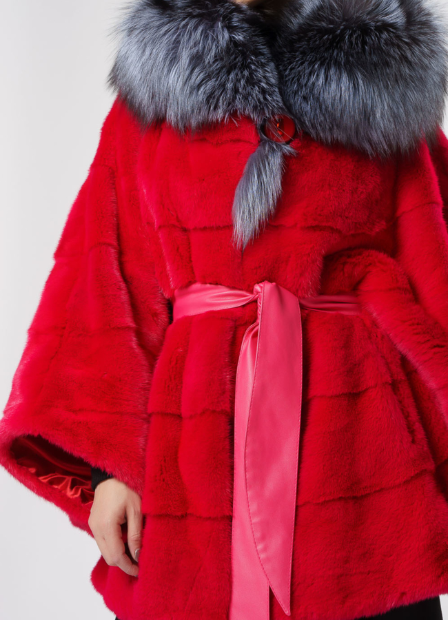 Норковая шуба красного цвета с капюшоном  модель № 2012-8 в рассрочку