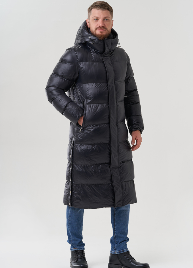 Пуховик мужской черного цвета с капюшоном  модель № 82442 в кредит
