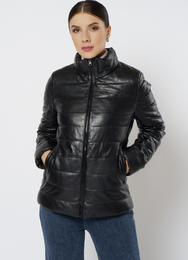 Утепленная кожаная куртка модель № 21605 универмаг малина