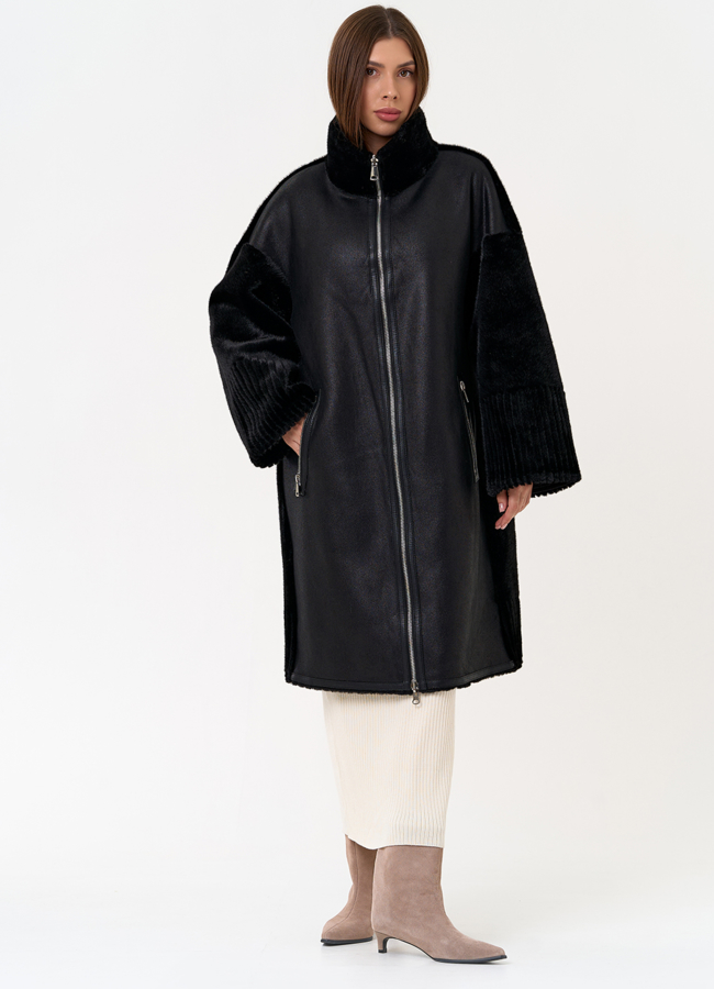 Женская двухсторонняя дубленка из эко замши с воротником стойкой модель № 31412 меха малина Женская двухсторонняя дубленка из эко замши с воротником стойкой модель № 31412 меха малина