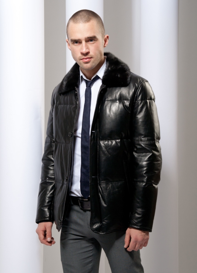 Кожаный пуховик  модель № ПМ-9 меха малина