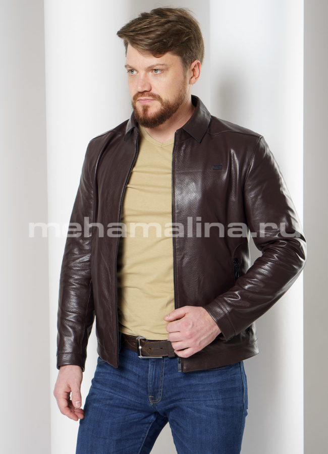 Куртка из натуральной кожи с отложным воротником модель № 8057 меха малина