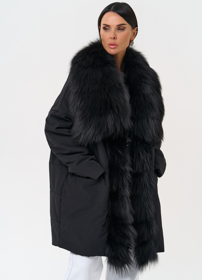 Женское зимнее полупальто черного цвета с мехом лисы модель № 31406 универмаг малина