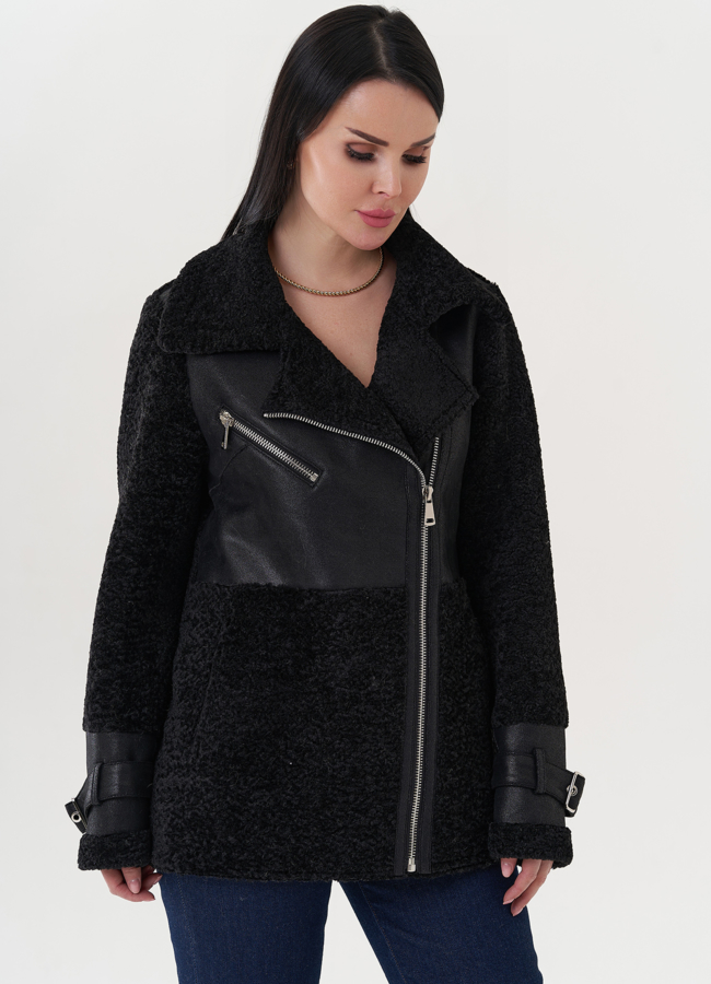 Комбинированная эко дубленка модель № 26734 меха малина