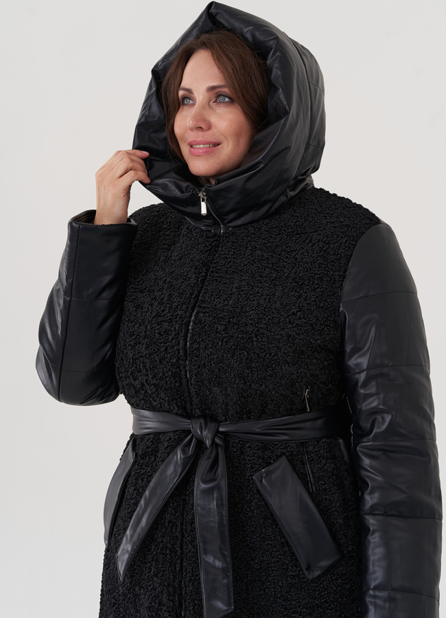 Пуховик из эко кожи с капюшоном модель № 25342 универмаг малина