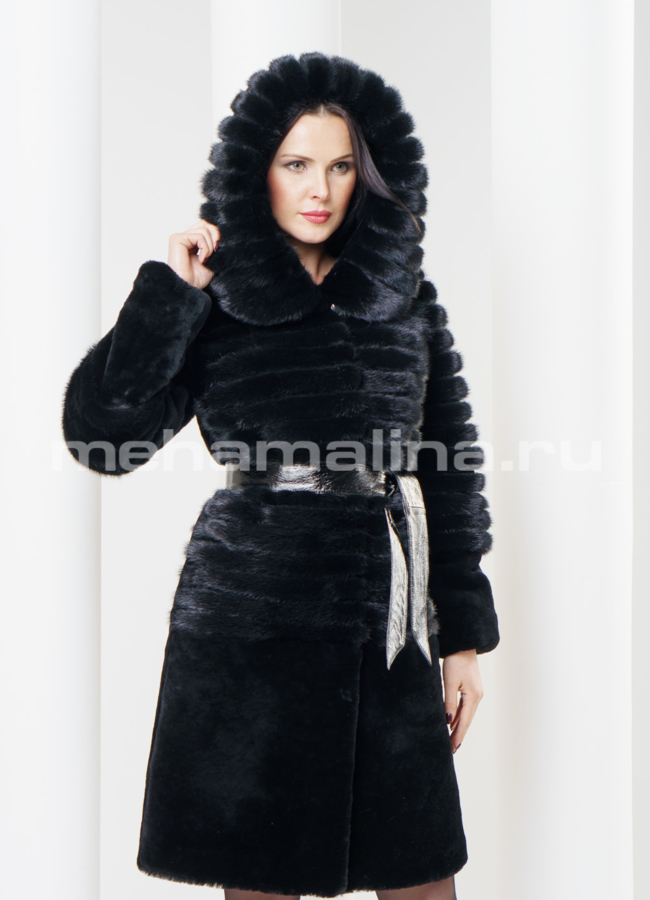 Шуба из мутона с норкой, цвет черный модель № S-319 универмаг малина