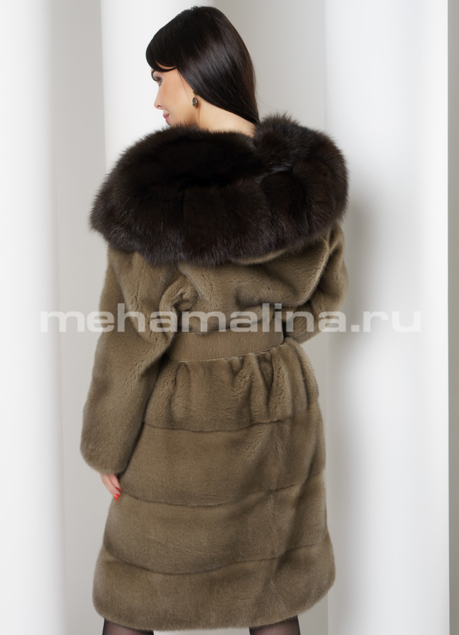 Шуба из норки с капюшоном, отделка куница модель № S-779 универмаг малина