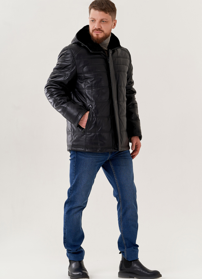 фото Мужской пуховик из натуральной кожи с капюшоном  модель № 79613