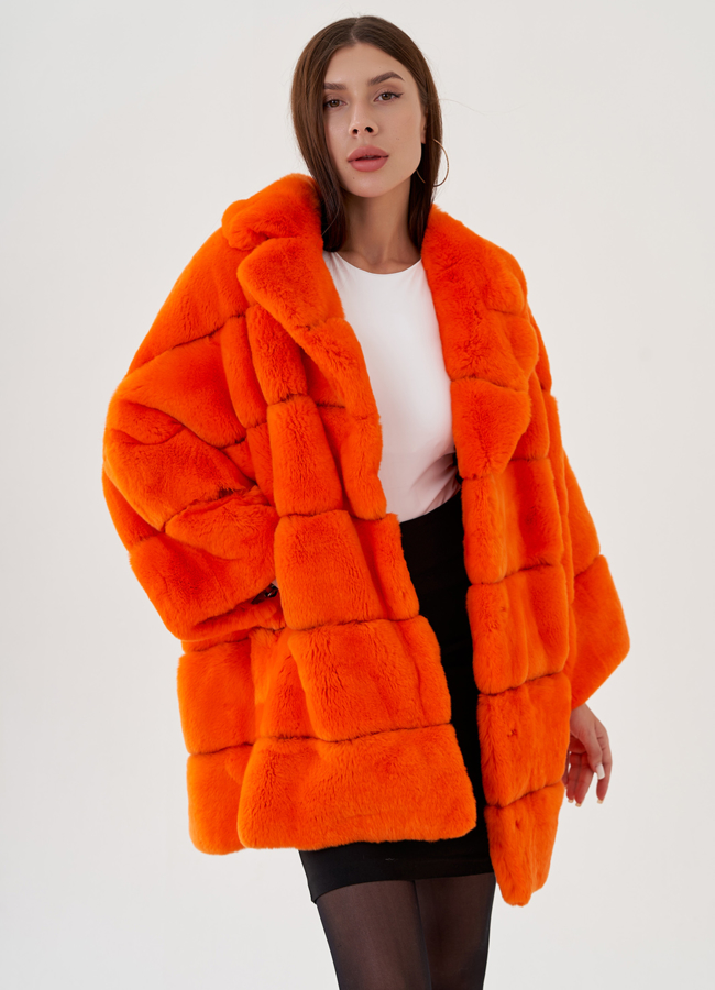 Укороченная шуба из меха кролика в оранжевом цвете модель № 81495 универмаг малина