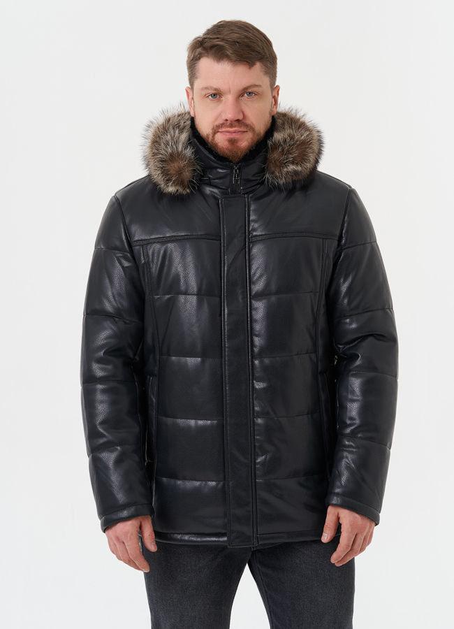 Куртка из эко кожи с отделкой из меха енота модель № 28583 меха малина