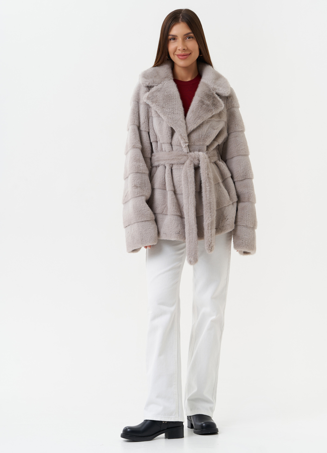 Шуба из эко меха с поясом модель № 27713 меха малина