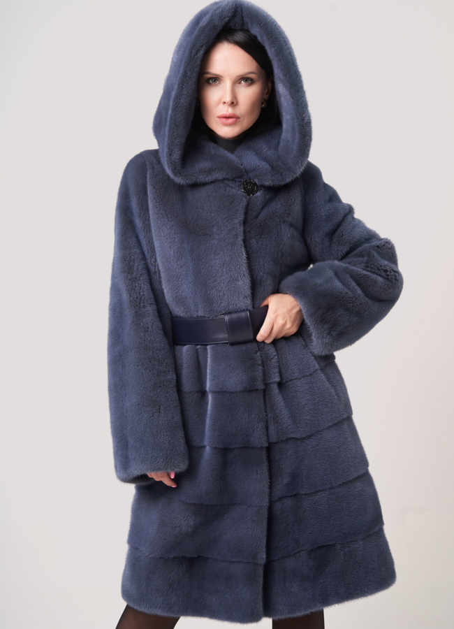 Шуба из норки на поясе с капюшоном модель № S-756 в рассрочку