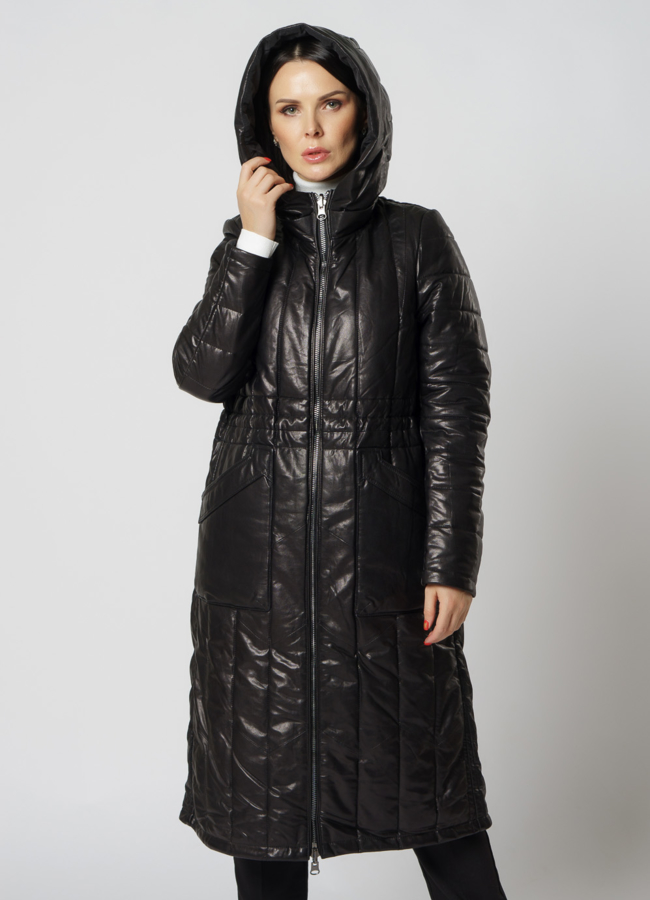 Пуховик из натуральной кожи двусторонний черного цвета модель № 2092 универмаг малина