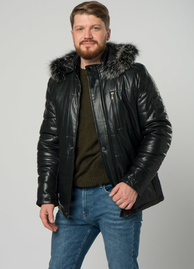 Мужской пуховик из эко кожи черного цвета модель № 21876 в кредит