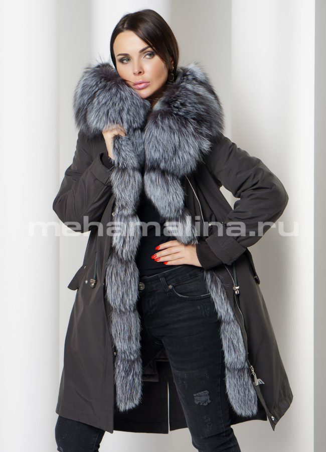 Парка на молнии с капюшоном отделка чернобурка модель № 17008 универмаг малина