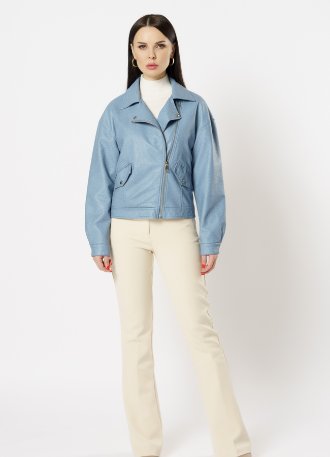 фото Куртка из эко кожи голубого цвета модель № 20627