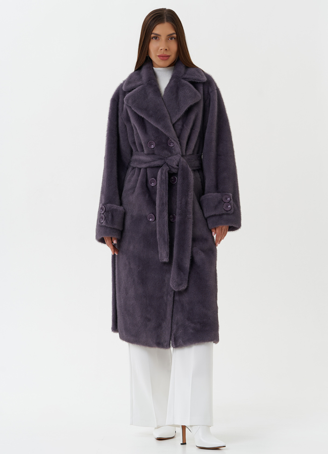 Длинное пальто из эко меха с поясом модель № 27797 меха малина