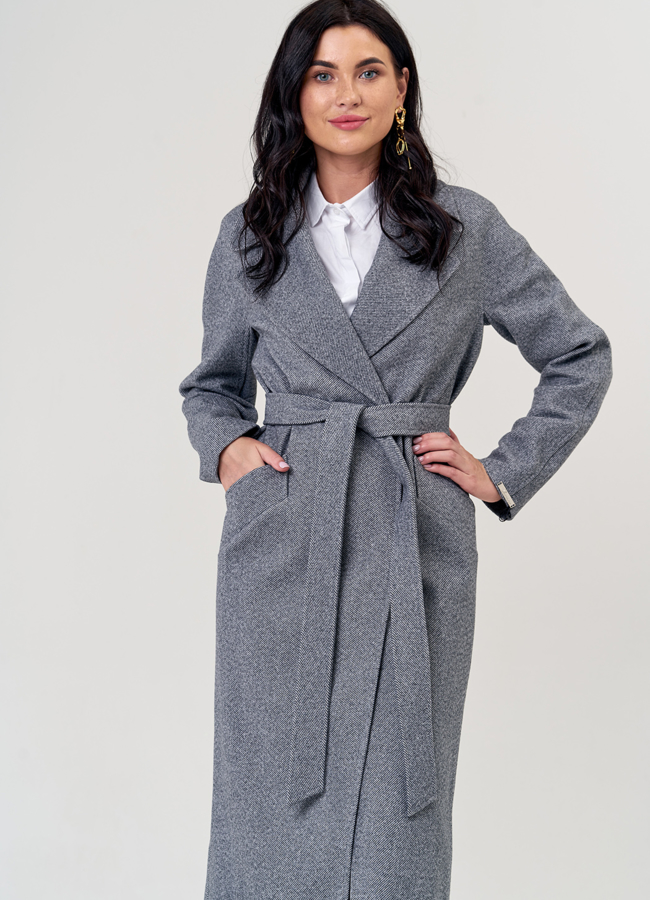 Женское пальто серого цвета с английским воротником модель № 21305 универмаг малина