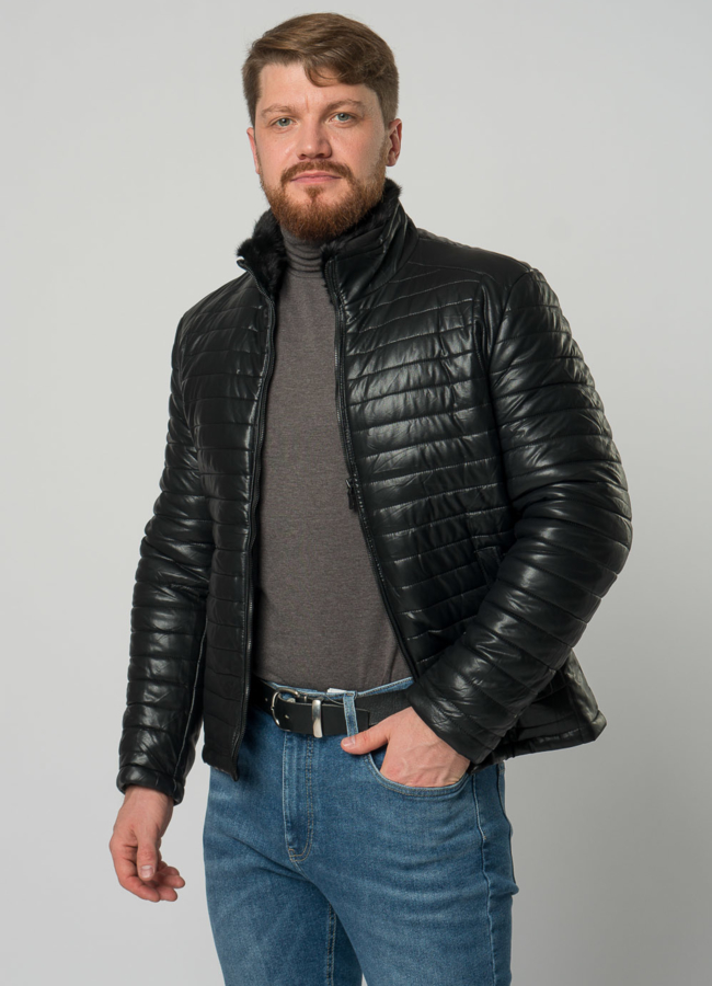 Мужской пуховик из эко кожи с отделкой из норки модель № 21944 в рассрочку