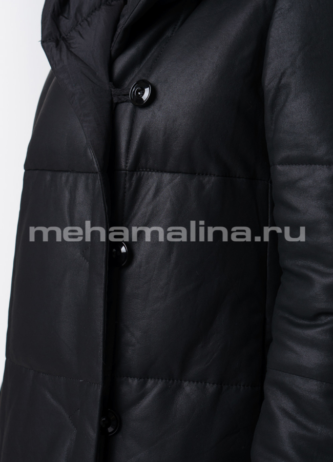 Кожаное пальто с капюшоном модель № K-387 в рассрочку