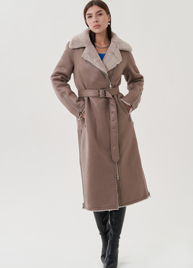 Удлиненная дубленка из эко замши в цвете мокко модель № 25411 в кредит