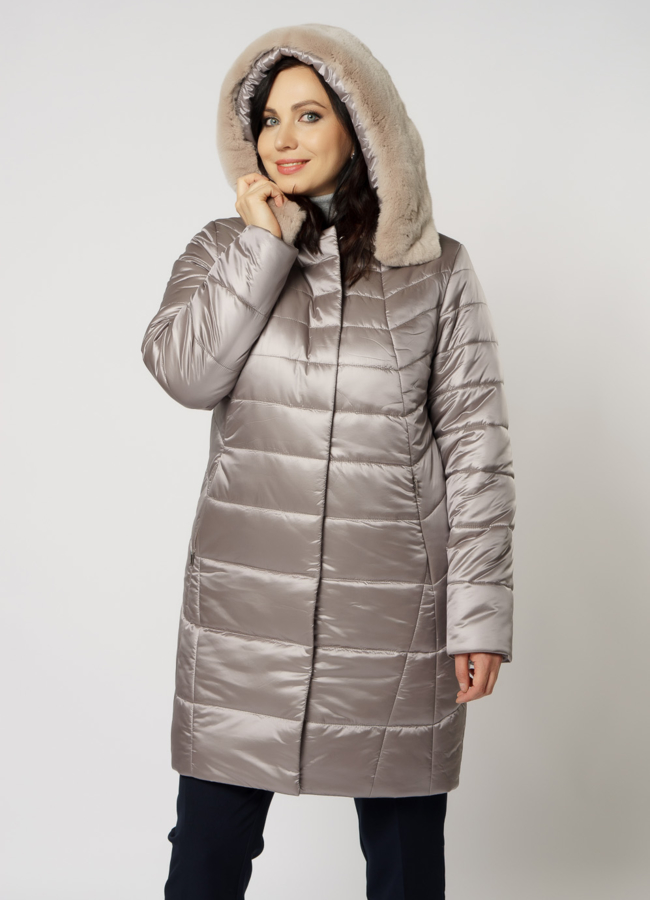 фото Пуховик с капюшоном на молнии в бежевом цвете модель № 7086