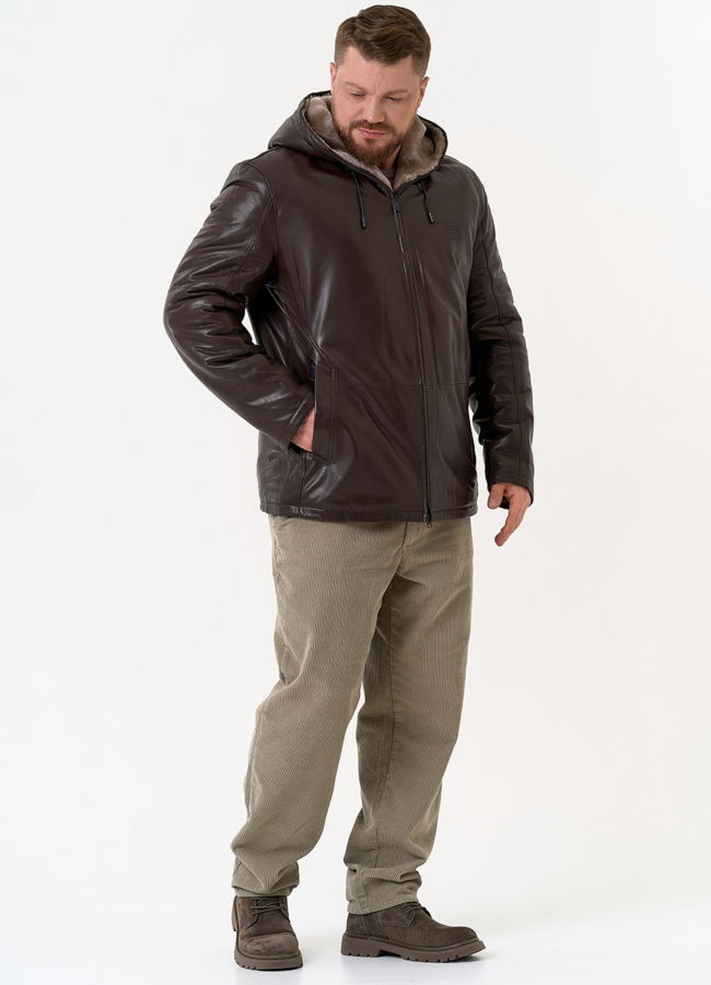 фото Мужская дубленка коричневого цвета с капюшоном модель № 31777