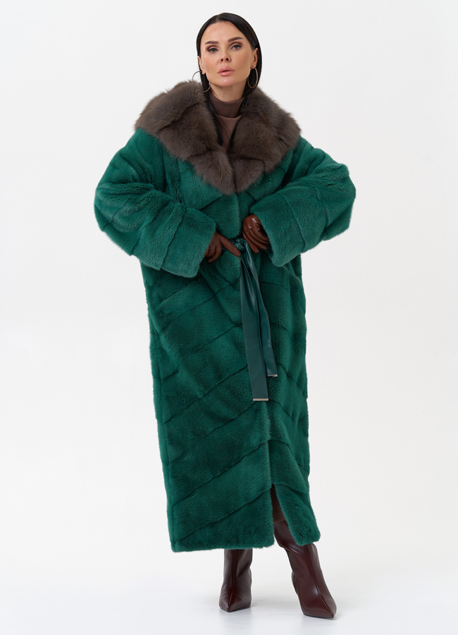 фото Норковая шуба с капюшоном из меха куницы модель № 29253