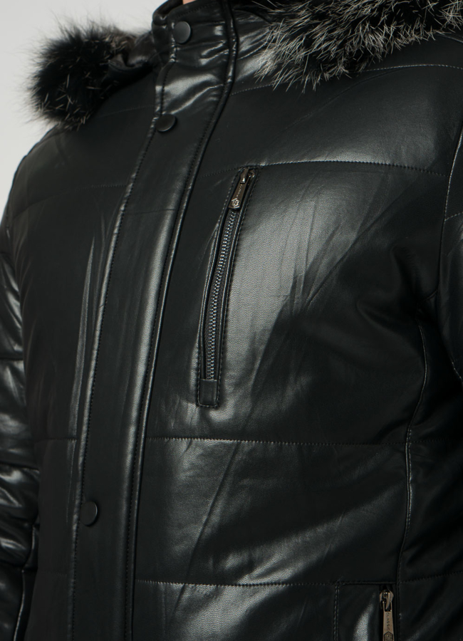 Мужской пуховик из эко кожи черного цвета модель № 21876 универмаг малина