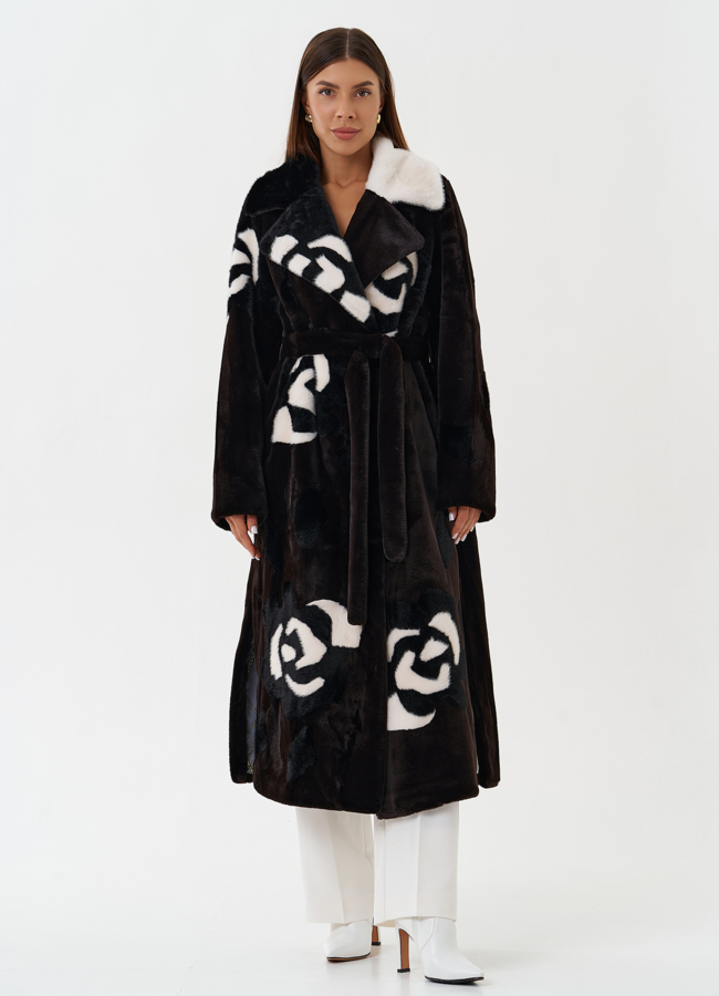 фото Пальто из эко меха с цветочным принтом модель № 28459