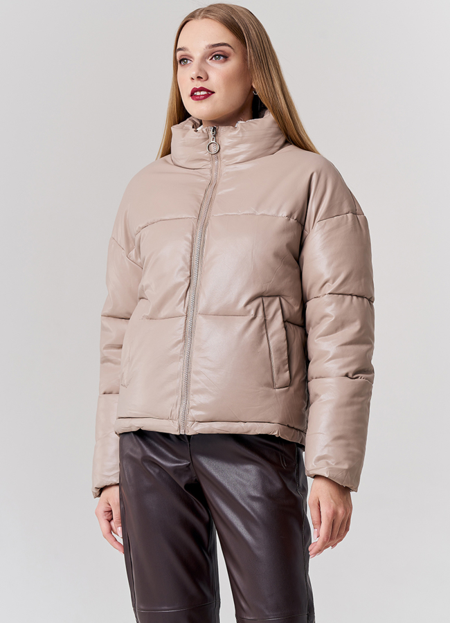 Куртка из эко кожи с воротником стойкой  модель № 21880 меха малина