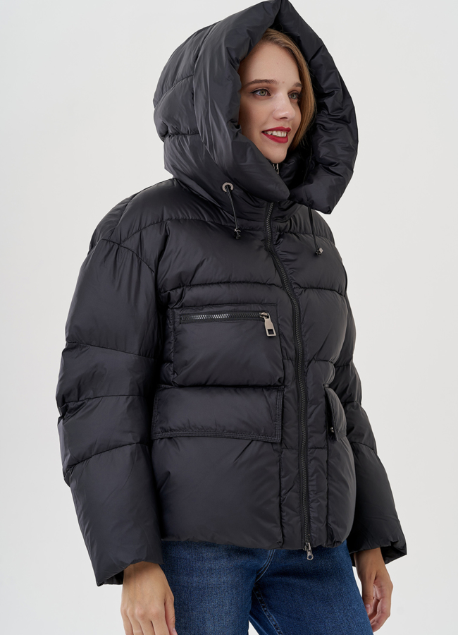 Женская куртка с капюшоном черного цвета  модель № 82039 универмаг малина