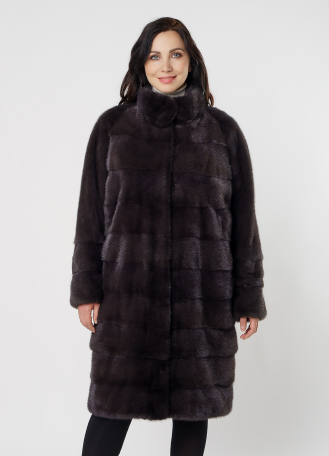 Шуба из норки с воротником стойка в поперечном раскладе модель № 8010 меха малина