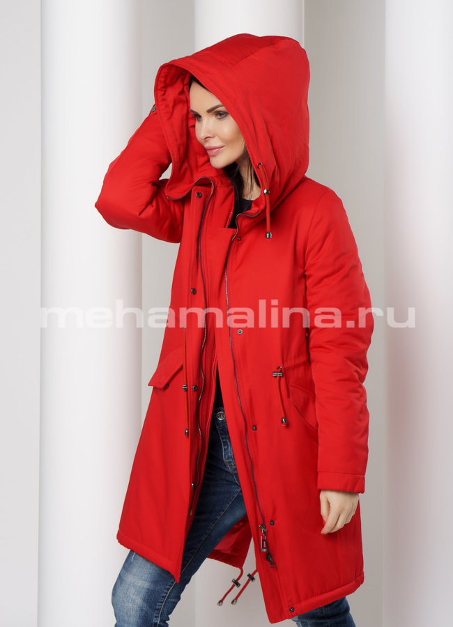 Парка красного цвета с меховой отделкой из песца модель № 75756 универмаг малина