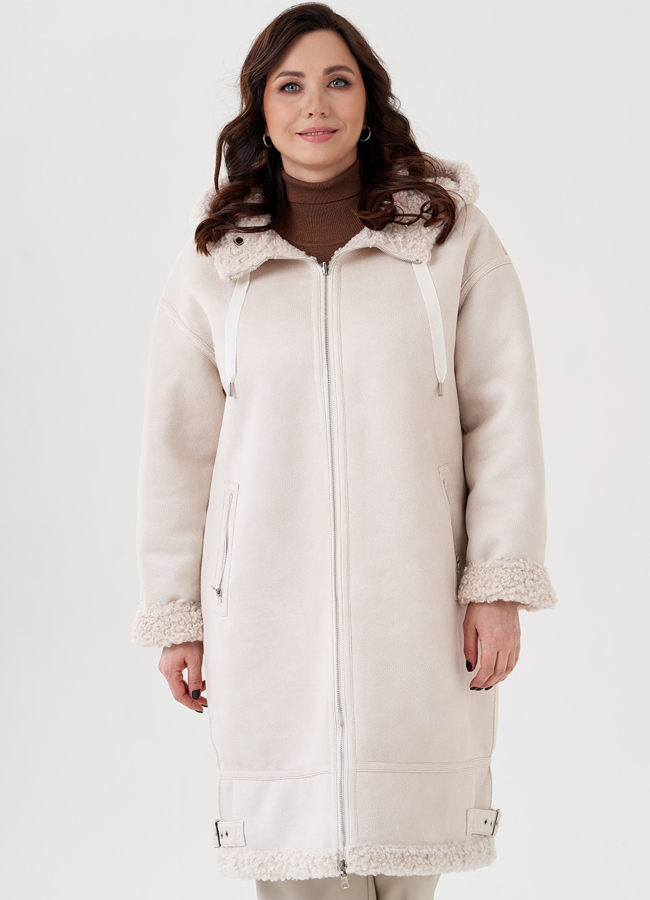 Двусторонняя женская дубленка с капюшоном модель № 23993 в рассрочку