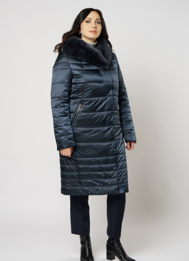 Пуховик на поясе с капюшоном, отделка кролик модель № 1963 универмаг малина