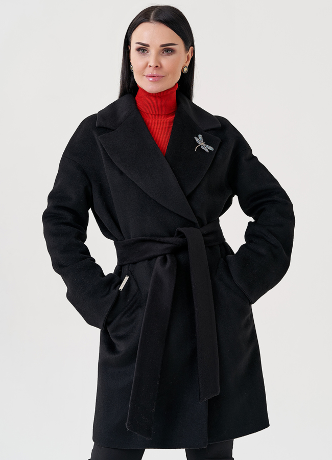 Женское пальто под пояс в черном цвете модель № 23960 универмаг малина