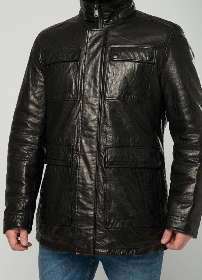Мужской пуховик из натуральной кожи черного цвета модель № 21922 универмаг малина