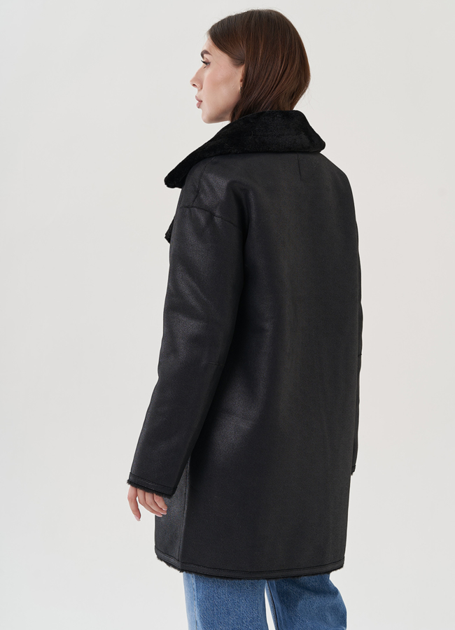 Дубленка черного цвета из эко замши с английским воротником модель № 25413 универмаг малина