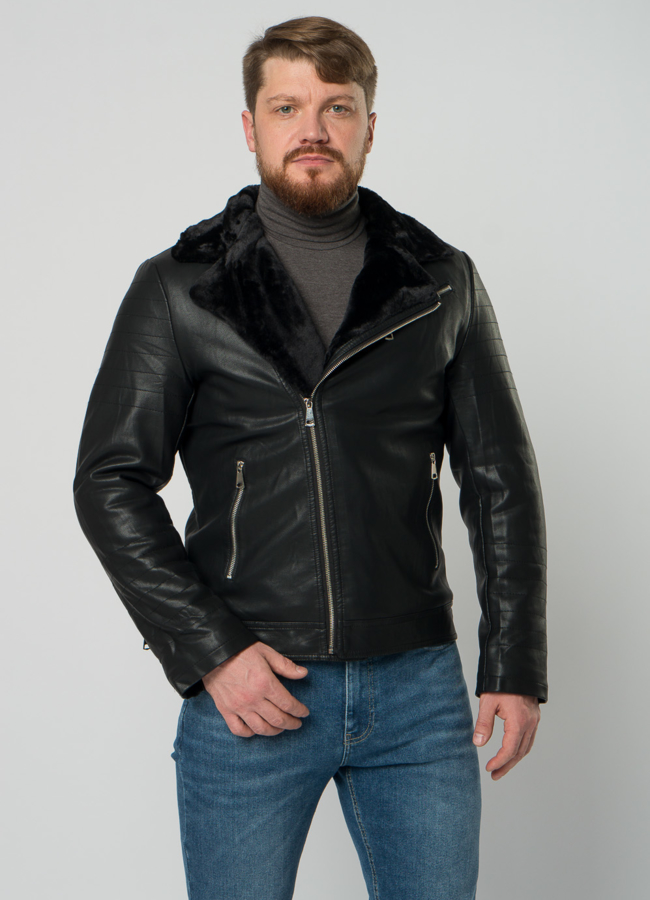 Мужская эко дубленка-косуха черного цвета модель № 21966 меха малина