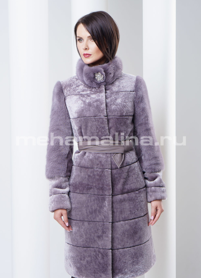 Шуба из мутона с норкой, цвет сапфир модель № S-289 универмаг малина