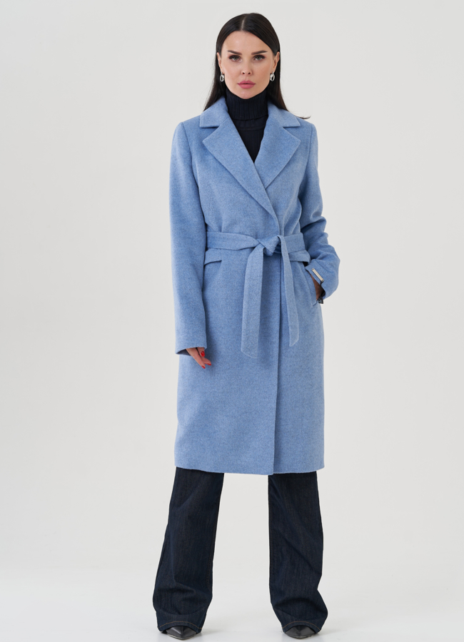 Пальто голубого цвета с английским воротником модель № 24710 меха малина