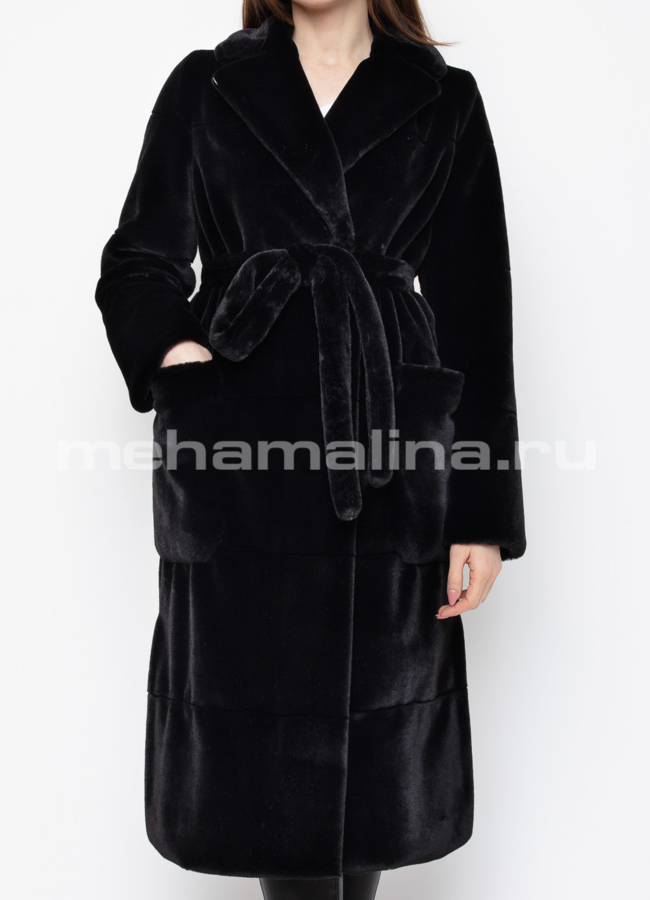 Искусственная шуба черного цвета модель № 751 меха малина