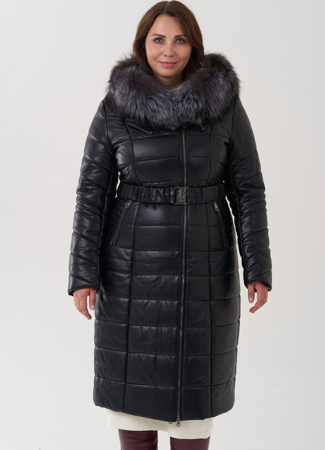 Пуховик из искусственной кожи с отделкой из натурального меха модель № 976 меха малина
