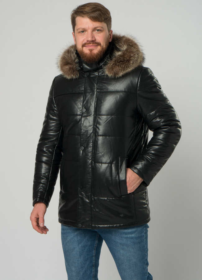 Мужской пуховик из эко кожи с капюшоном и отделкой из енота модель № 21967 в рассрочку