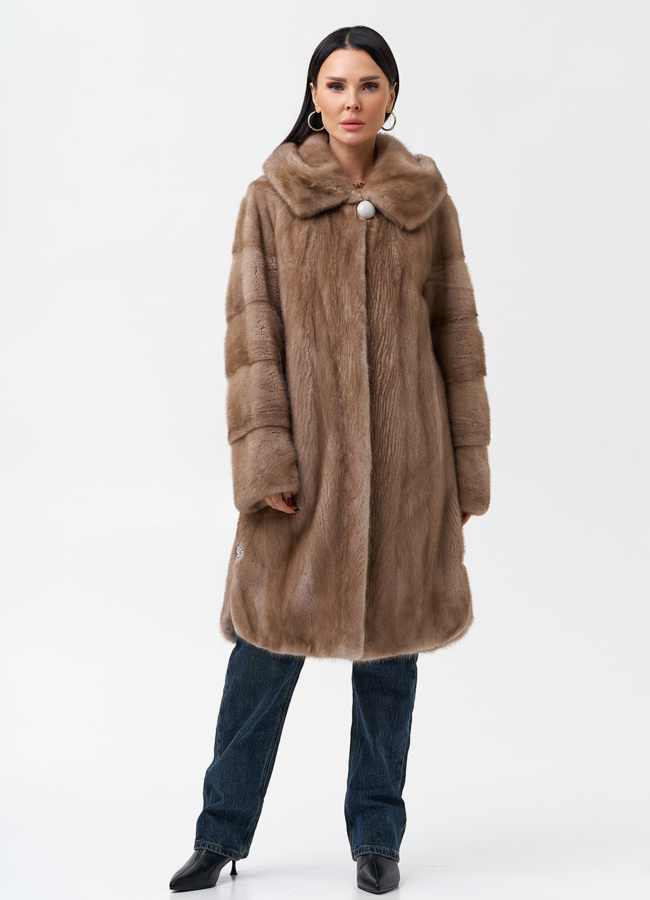 фото Шуба из норки бежевого цвета с капюшоном модель № 27773